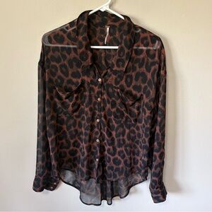 Free People Sheer Animal Print Button Down Blouse XS